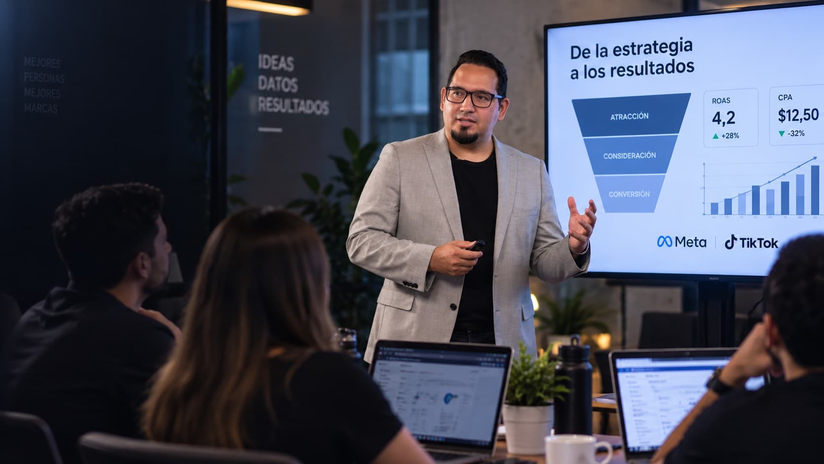 Roger Barrera dictando el workshop ante un grupo reducido, con un funnel de estrategia y métricas de ROAS y CPA en pantalla