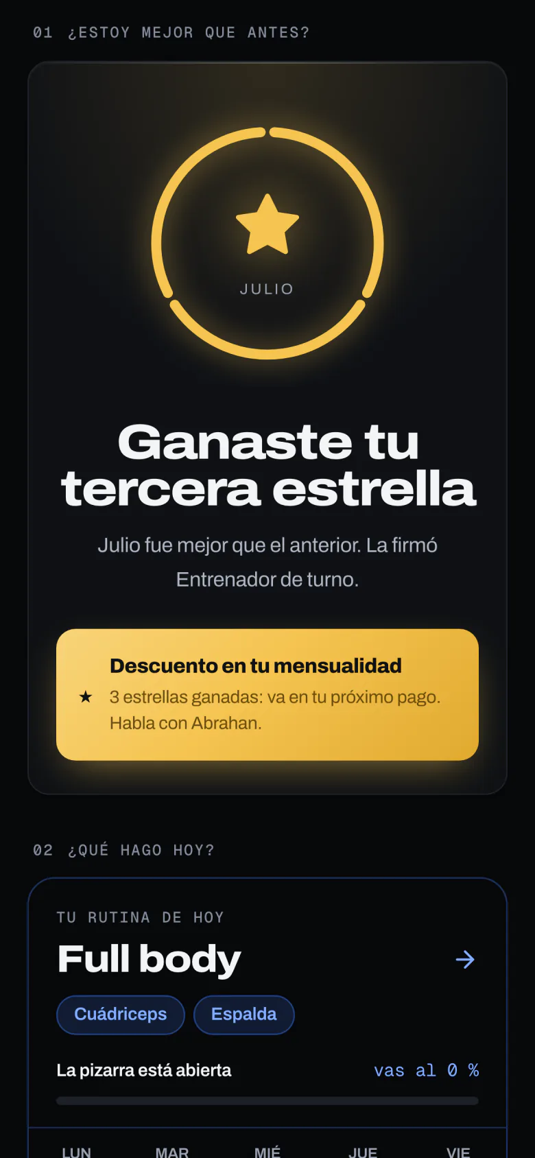 Pantalla de la app del socio con el mensaje «Ganaste tu tercera estrella» y el descuento en la mensualidad. Datos ficticios.