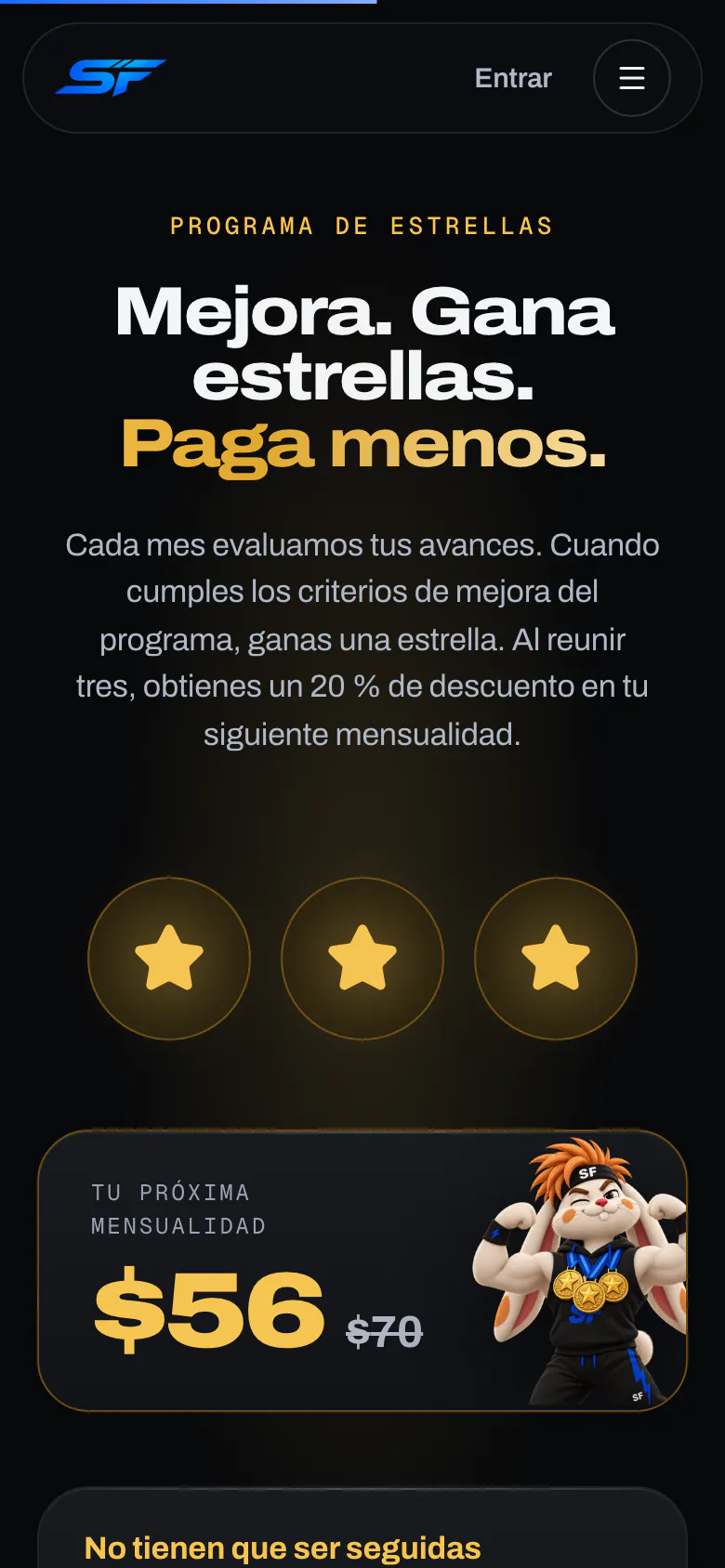 Sección del programa de estrellas de spacefitness.app en celular: tres estrellas y la mensualidad que baja de $70 a $56.